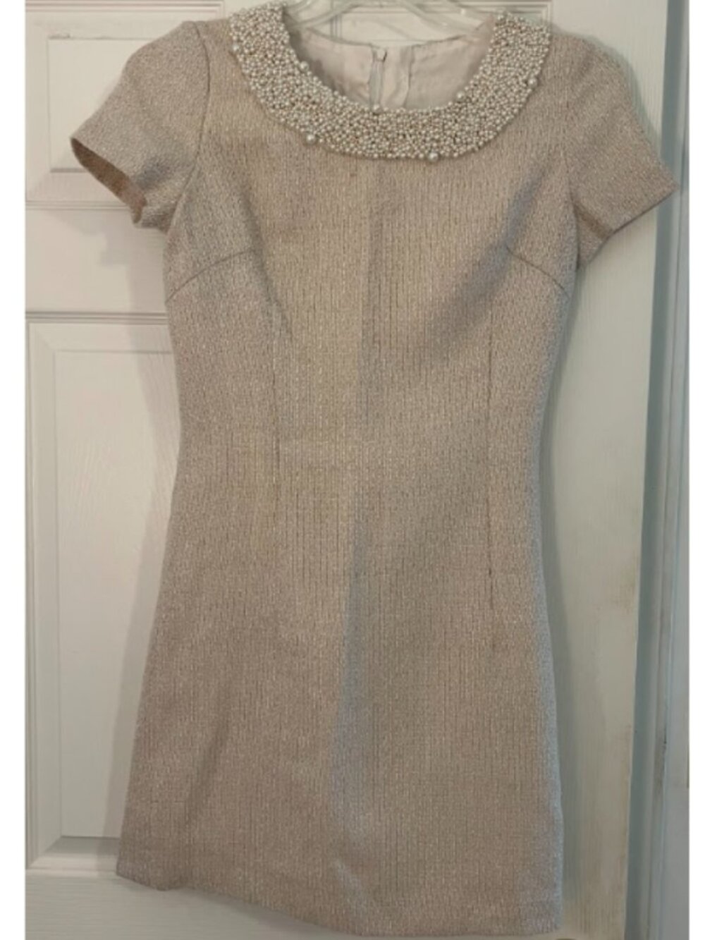 Custom Tweed S-M Lined Dress Women's Short Sleeve Sheath Dress Light Peach